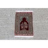 Small silk prayer rug with bird in tree mihrab with borders, with signature panel,