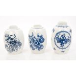 Three 18th century Worcester blue and white baluster-shaped tea canisters with printed floral
