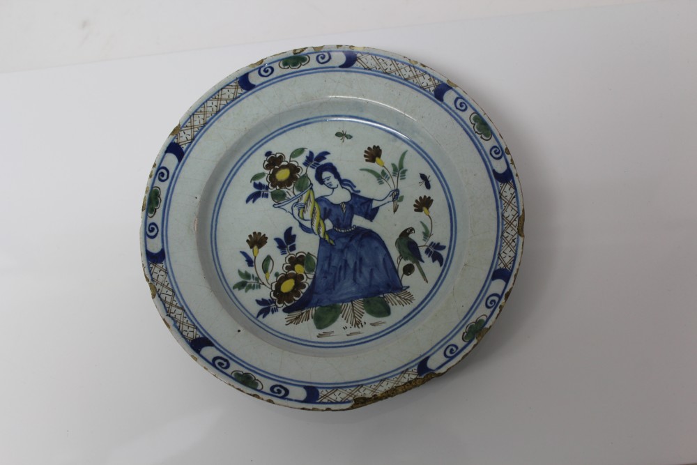 18th century English Delft blue and white allegorical subject plate painted in green, - Image 4 of 16