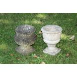 Antique marble urn of tapered form, carved with swags, on square foot, 29cm high,