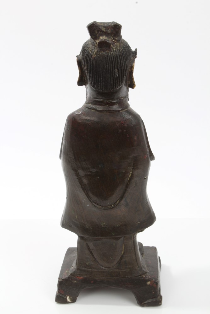 Chinese Qing period bronze and parcel gilt figure of a bearded man in robes, holding a tablet, 23. - Image 2 of 3