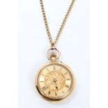 Late 19th century ladies' gold (18k) fob watch with floral engraved dial, stem-wind movement,