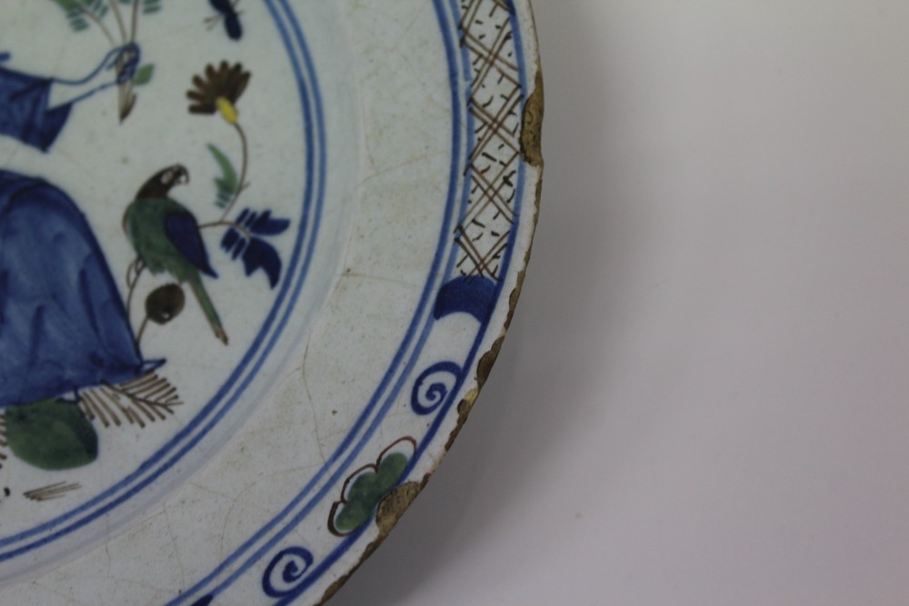 18th century English Delft blue and white allegorical subject plate painted in green, - Image 6 of 16