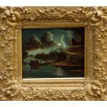 After Abraham Pether (1756 - 1812), pair oils on panel - moonlit scenes with fishermen and boats,