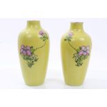 Pair 19th century Chinese yellow glazed vases with incised scroll and famille rose painted floral