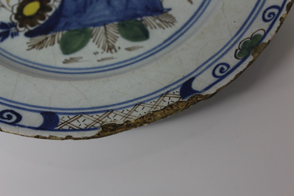 18th century English Delft blue and white allegorical subject plate painted in green, - Image 5 of 16