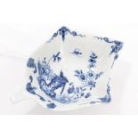 18th century Worcester blue and white leaf-shaped pickle dish with painted bird,