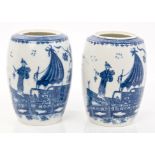 Pair 18th century Caughley blue and white baluster-shaped tea canisters with printed Fisherman and