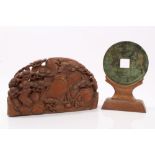 Chinese boxwood scholars' mountain ornament, carved with figures, birds and trees,