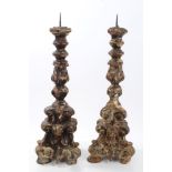 Pair 17th century Italian parcel giltwood and gesso and silvered pricket candlesticks,
