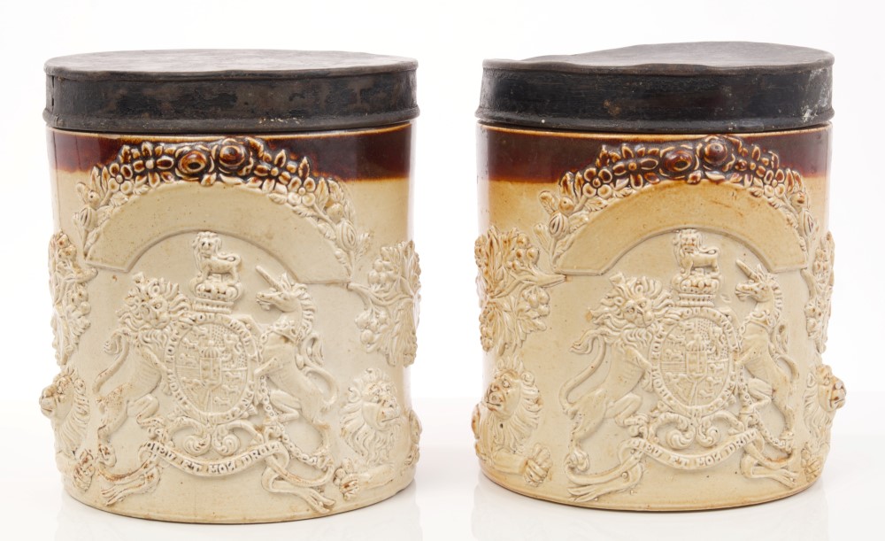 Pair early 19th century English salt glazed stoneware tobacco jars with applied 1801 - 1816 Royal