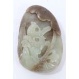 Chinese carved green jade boulder ornament decorated with birds and mountains,