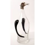 1960s Asprey silver mounted penguin decanter with faceted clear glass body and black glass wings
