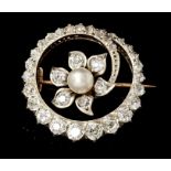 Late Victorian diamond and cultured pearl brooch, the central flower with a 5.