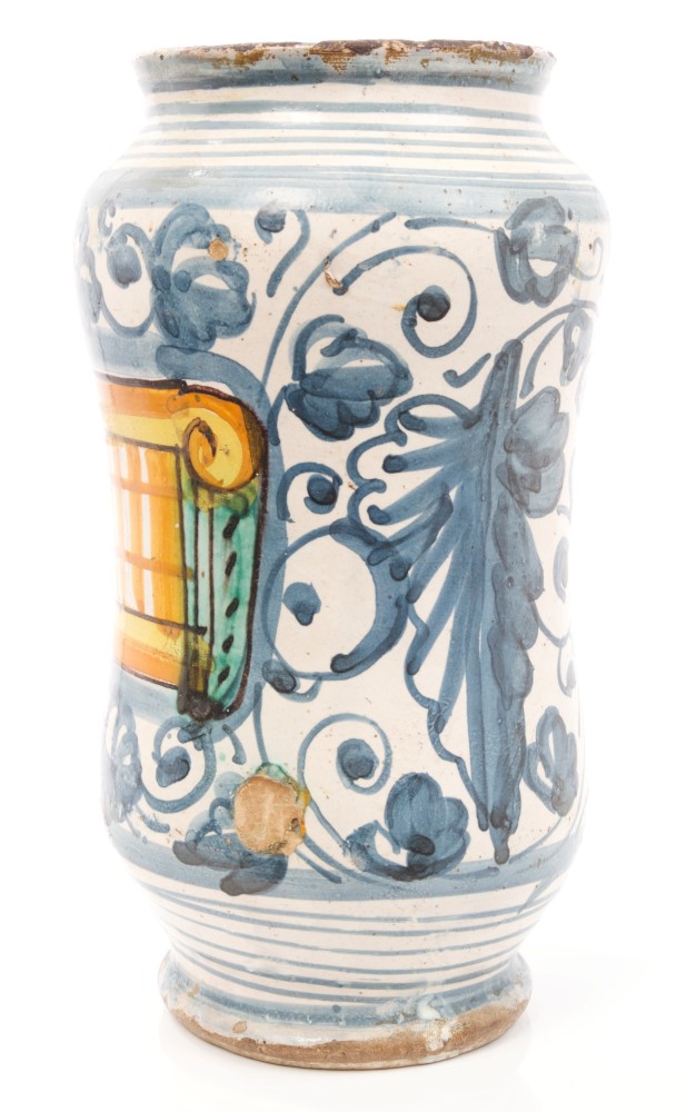 17th century Italian Majolica drug jar with blue and white floral decoration and green and yellow - Image 2 of 12