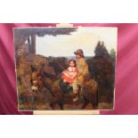 19th century English School oil on canvas - boy and a young girl riding a donkey, 62cm x 74cm,