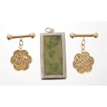 Pair Chinese yellow metal cufflinks and a Chinese carved green stone tablet / panel in pendant
