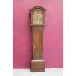18th century longcase clock with eight day movement, brass break arch dial with urn spandrels,