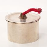 William IV silver bougie box of circular form, with detachable cover and twisted red taper,