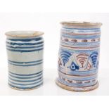 Two 18th century blue and white drug jars of cylindrical form,