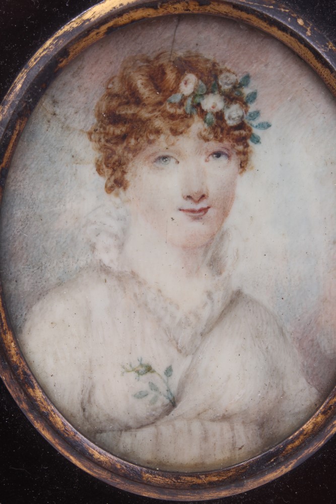 Regency miniature on ivory of a young lady with flowers in her hair, in ebonised frame, - Image 2 of 4