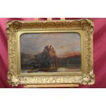 19th century oil on canvas - landscape at dusk with a castle on a hilltop above a lake,