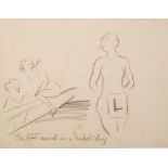 Edmund Blampied (1886 - 1966), pencil sketch - The latest arrival in a nudist colony,