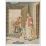 Jacob Willemsz De Vos (1774 - 1844), watercolour - a fishmonger at the door, after Jacob Ochtervelt,