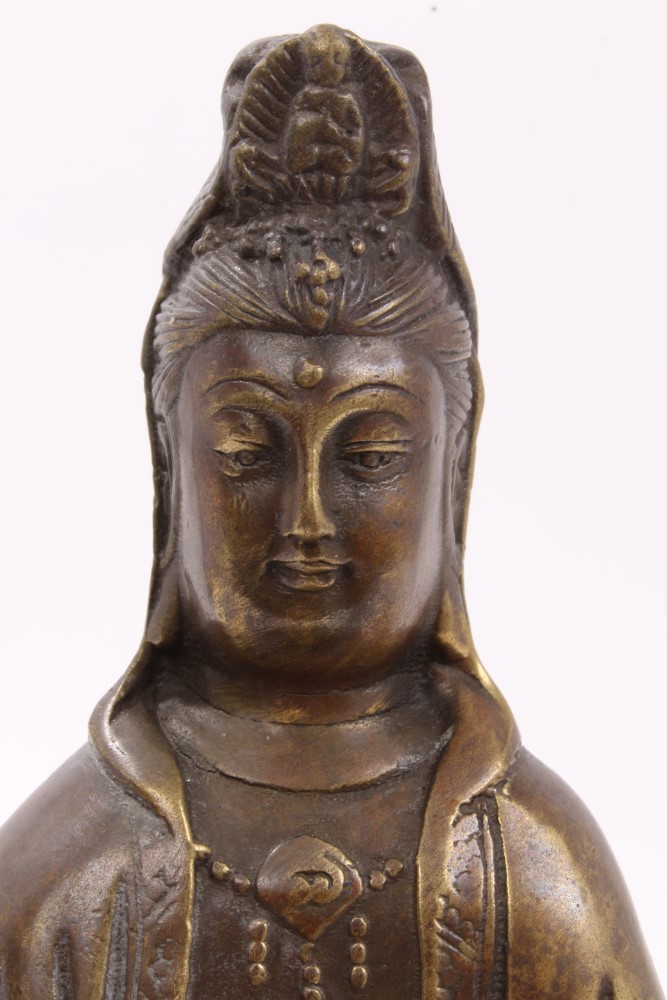 Chinese bronze figure of Guanyin seated on lotus flower base - character mark to base, 16. - Image 5 of 5