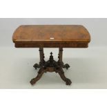 Victorian burr walnut veneered card table with fold-over revolving top,