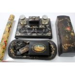 Collection of 19th century papier mâché items - to include desk stand, pen tray, glove box,