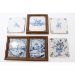 Five 18th century Delft blue and white tiles - including military subjects