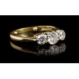 Diamond three stone ring, the three brilliant cut diamonds estimated to weigh approximately 0.