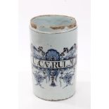 Early 18th century English London Delft blue and white drug jar of cylindrical form,