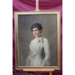 Edwardian English School oil on canvas - portrait of a lady in white dress, in gilt frame,