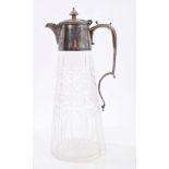 Late 19th / early 20th century cut glass claret jug with cut cross decoration and silver plated