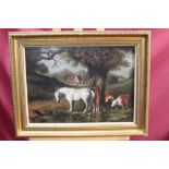 Victorian English School oil on canvas - cattle and horses in rural landscape with farm beyond,