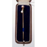 Late 19th century French diamond and pearl stick pin with a single pearl suspended from a rose cut