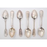 Set of six Victorian provincial silver fiddle pattern teaspoons (Exeter 1839), John Stone.