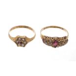 Victorian gold (15ct) garnet and seed pearl ring (Birmingham 1874).