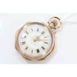 Ladies' gold (14k) fob watch with octagonal engraved case, with stem-wind movement,