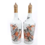 Pair large 20th century Chinese porcelain bottle vases and covers with painted religious and