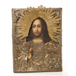 Imperial Russian icon with gilt metal embossed frame and gilt oklad - painted on panel portrait of