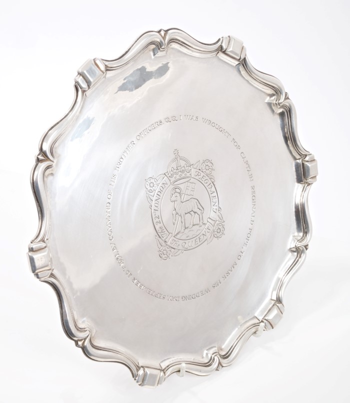 1930s Omar Ramsden commission silver salver of hexagonal form, with scrolling border,