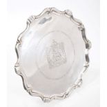 1930s Omar Ramsden commission silver salver of hexagonal form, with scrolling border,