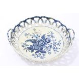 18th century Worcester blue and white Pinecone pattern basket with reticulated border and strapwork