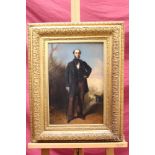 19th century English School oil on board - full-length portrait of a gentleman in landscape,