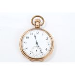 1920s gold plated open face pocket watch with stem-wind movement and white enamel dial,