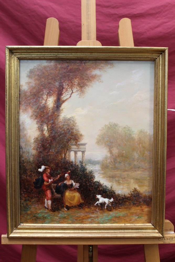 Eugene Pechaubes, oil on canvas - a river landscape with a lady being serenaded, signed,
