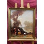 Eugene Pechaubes, oil on canvas - a river landscape with a lady being serenaded, signed,